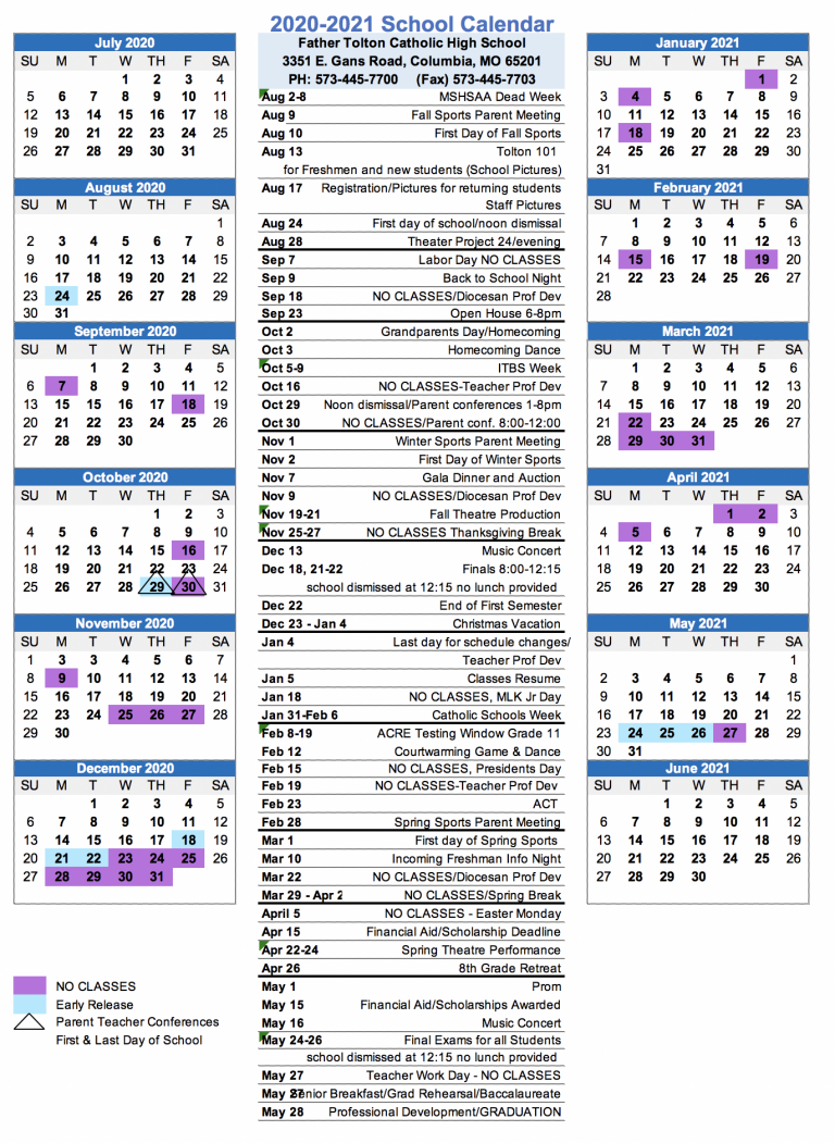 2020 21 School Calendar Fr Tolton Catholic High School
